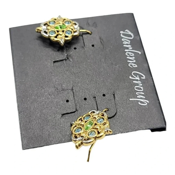Darlene Group Open Filigree Two Toned Blue Green Multi Color Rhinestone Dangle E - Picture 3 of 4
